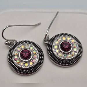 Retired Lia Sophia Silver & Purple Dangle Earrings w/ Aurora Borealis AB